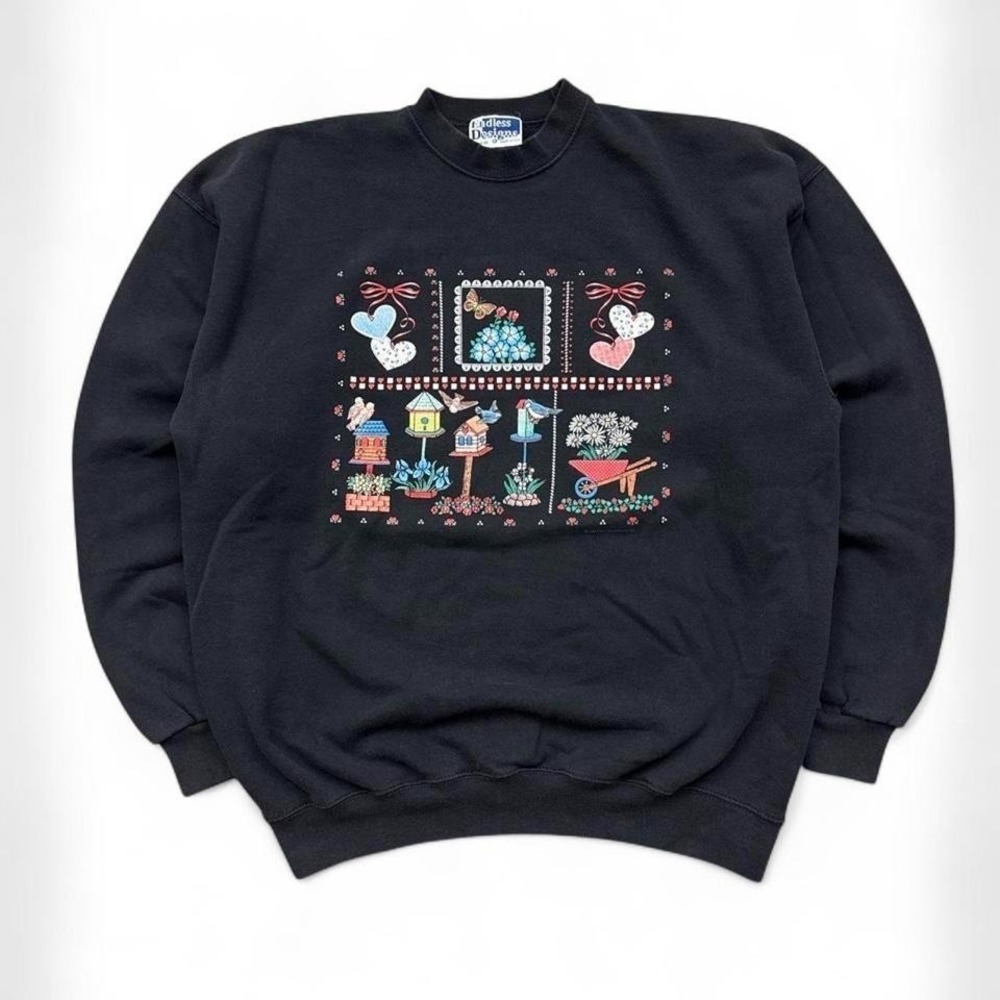 Vtg Endless Designs Flowers Bird Hearts Cottagecore Floral Grandma Sweatshirt XL
